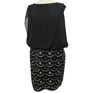 Aidan Mattox Black Chiffon Stretch Sequined Blouson Dress Size 6